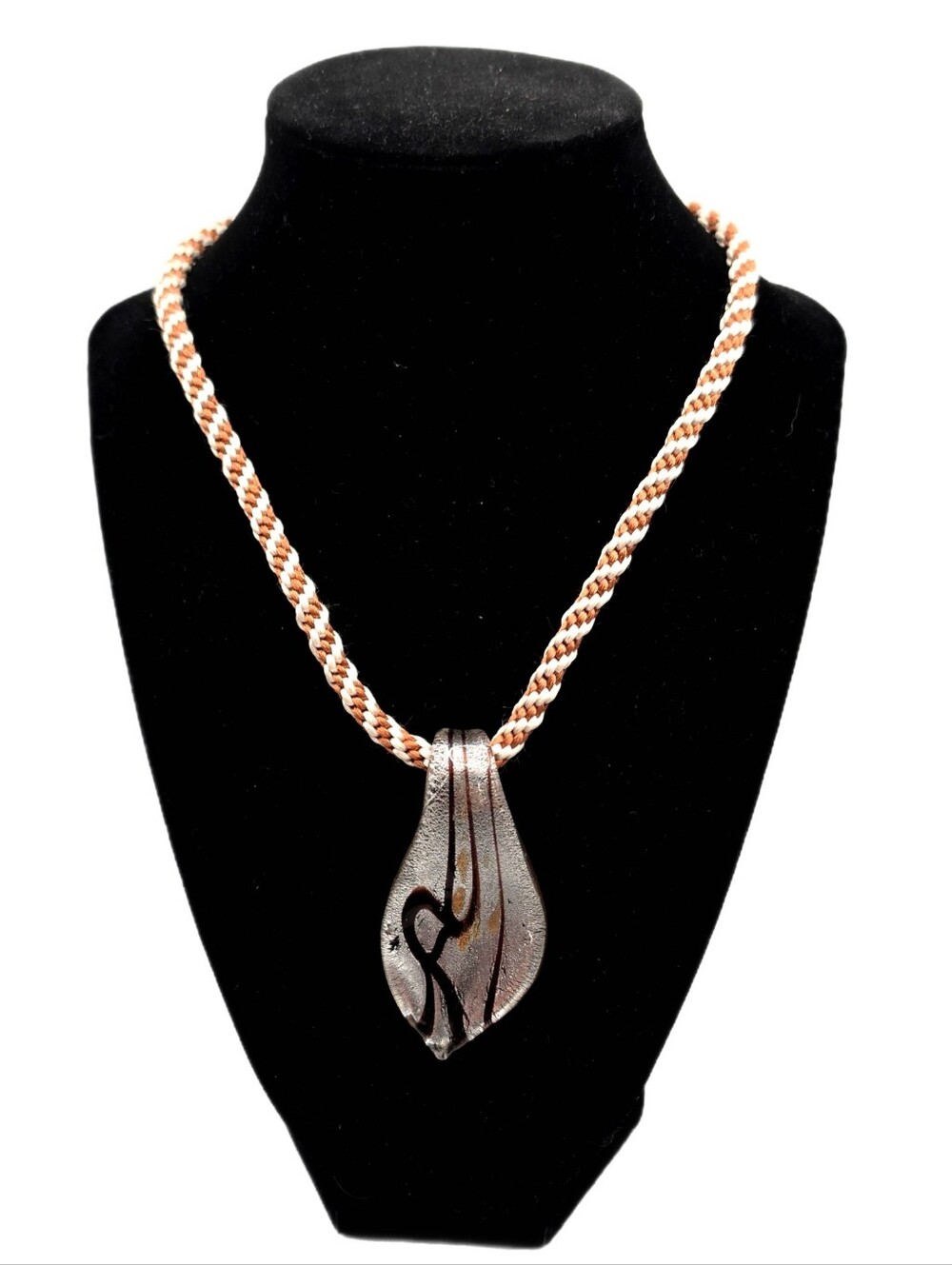 Glass Pendant Necklace Choker Style Braided Cord Chocolate & Glittery Silver